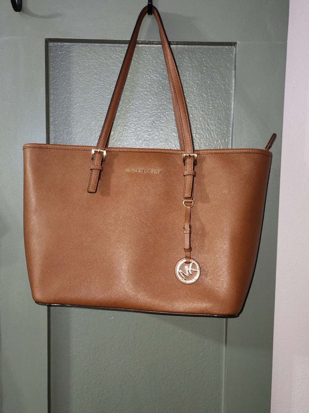 Michael Kors Tan Leather Tote with Gold MK Charm
